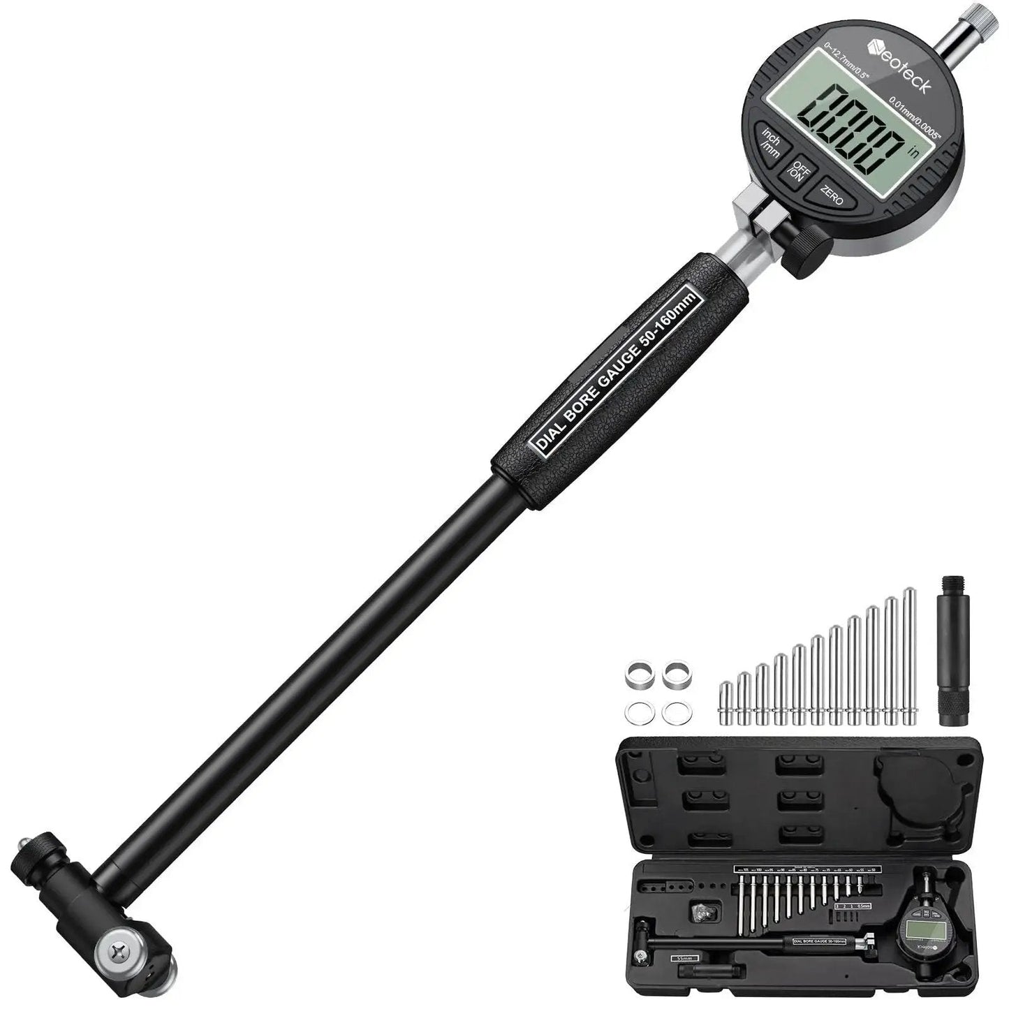Pro Grade Digital Bore Gauge Set For 2 To 6 Inch Cylinders With Self Centering Dial Indicator Carbide Anvils Insulated Grips For Deep Engine Cylinder Measurements 0.0005 Inch Resolution Black in open case with accessories