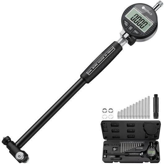 Pro Grade Digital Bore Gauge Set For 2 To 6 Inch Cylinders With Self Centering Dial Indicator Carbide Anvils Insulated Grips For Deep Engine Cylinder Measurements 0.0005 Inch Resolution Black in open case with accessories