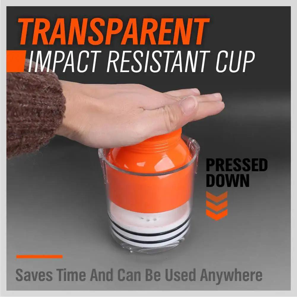 Premium Wheel Bearing Packer Tool Kit with self-contained piston, transparent impact-resistant cup, pressed down by a hand