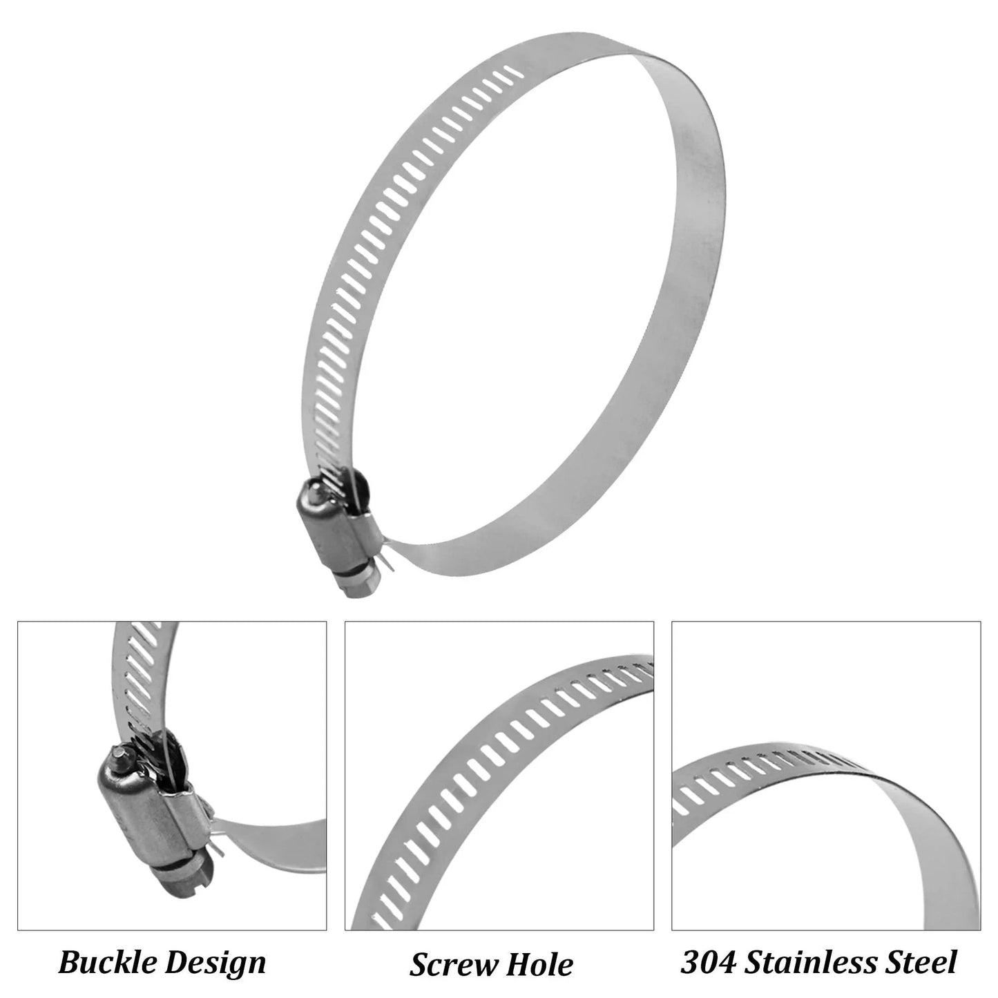 6 Pack Adjustable 3.5 Inch 304 Stainless Steel Hose Clamps Worm Gear Duct Clamp for air ducting automotive plumbing and mechanical applications fits three to four inch hoses 78 to 101 mm, close-up view showing buckle design and screw hole.