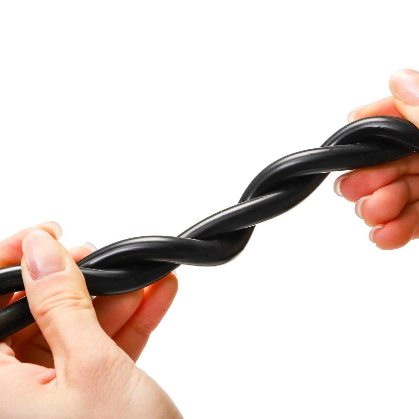 Hands holding twisted black silicone hoses from Six Piece Silicone Vacuum Hose Kit With Five Foot Lengths In One Eighth Inch, Five Thirty Second Inch, Three Sixteenth Inch, One Quarter Inch, Five Sixteenth Inch And Three Eighth Inch For High Temp Water Air Transfer And Vehicle Radiator Use By ZAVOOS.
