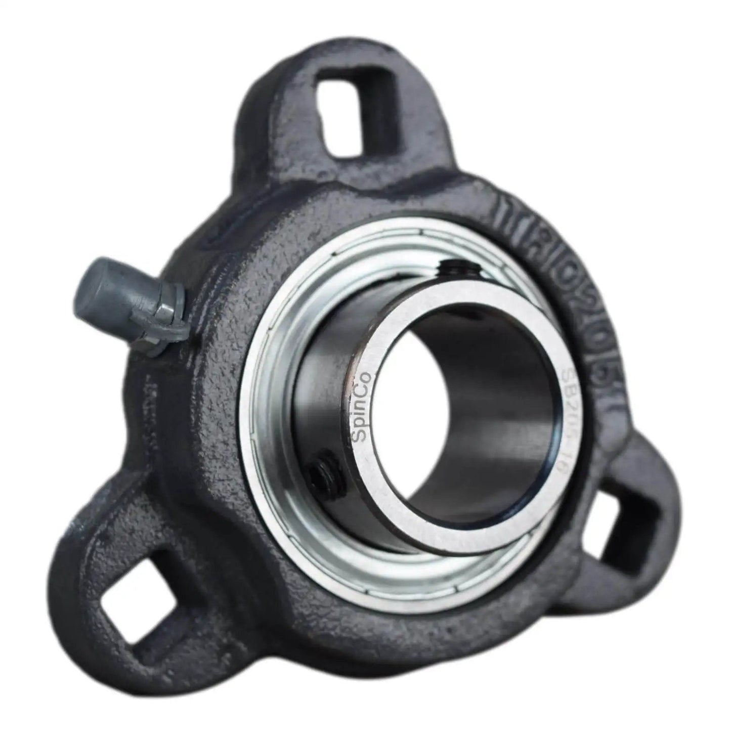 1 Inch Three Bolt Flange Bearing With Cast Iron Housing And Grease Zerk, 1 Inch Bore, Two Set Screws, 2.59 Inch Spacing, 3 Inch Length