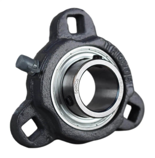 1 Inch Three Bolt Flange Bearing With Cast Iron Housing And Grease Zerk, 1 Inch Bore, Two Set Screws, 2.59 Inch Spacing, 3 Inch Length