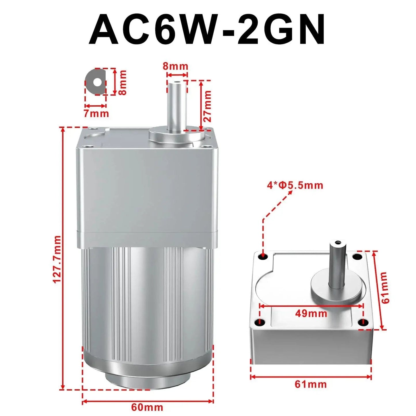 6W 110V Reversible AC Motor With 450 RPM Gear Reducer And 3 To 1 Gear Reduction, detailed dimensions and mounting features