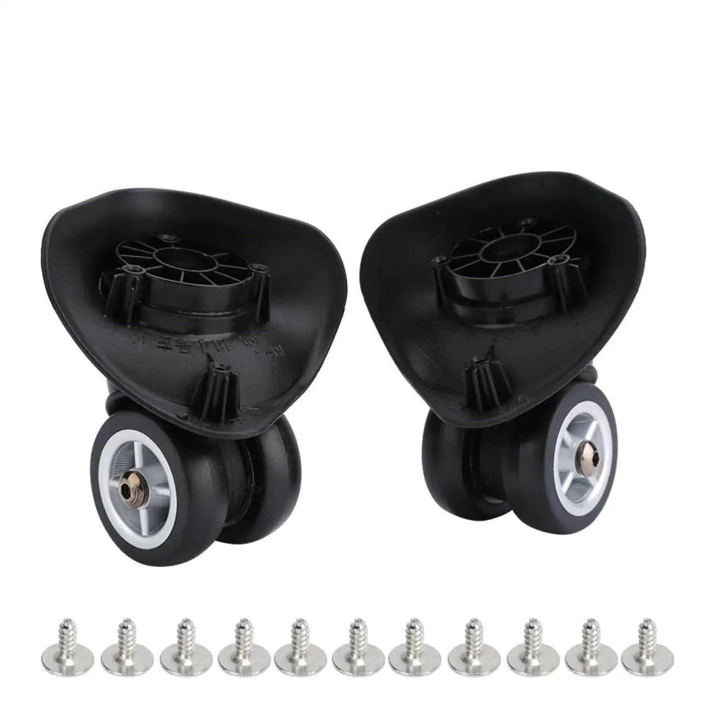 360 Degree Swivel PVC Suitcase Wheels Replacement Pair With Double Roller Bearings, shown with screws for easy installation.