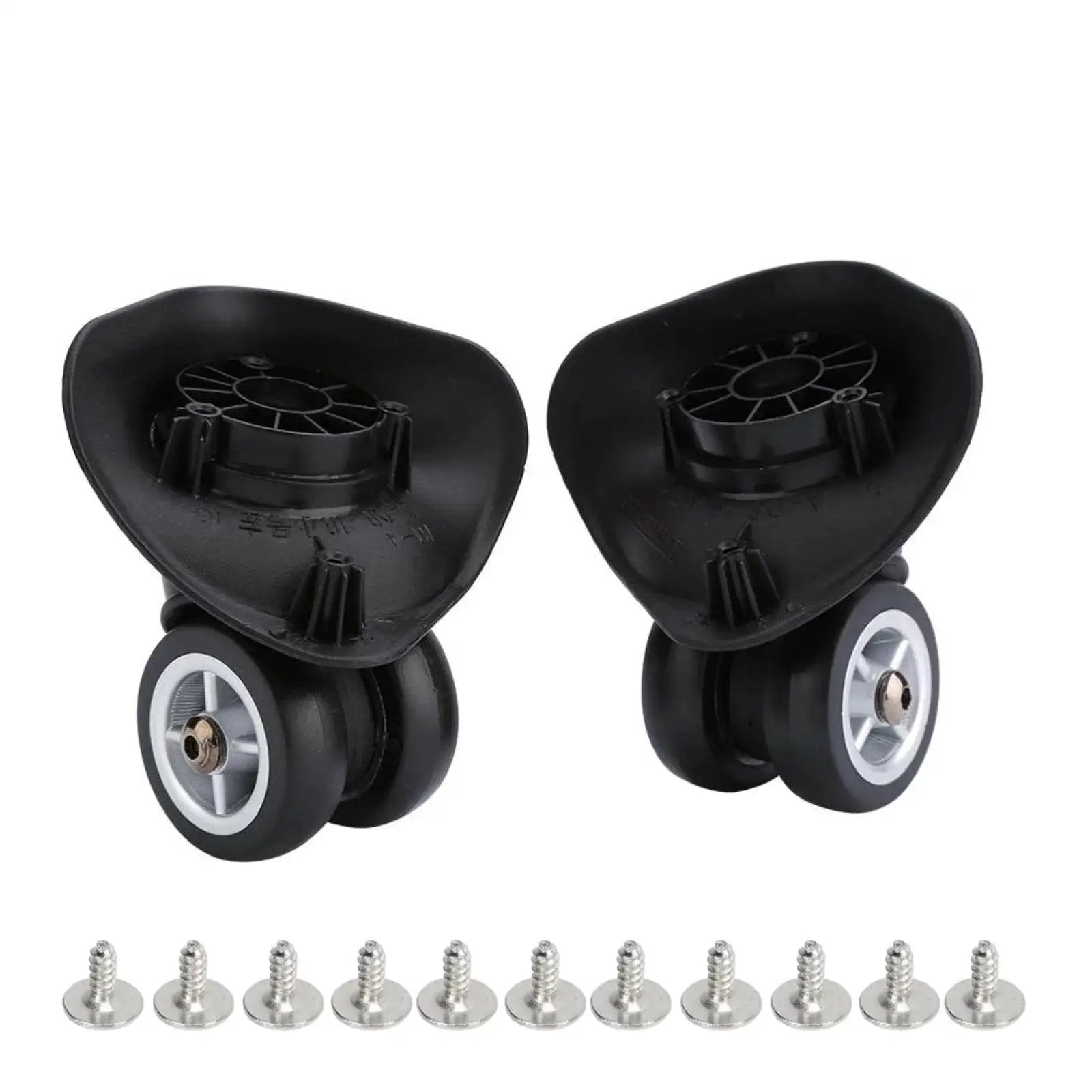 360 Degree Swivel PVC Suitcase Wheels Replacement Pair With Double Roller Bearings, shown with screws for easy installation.