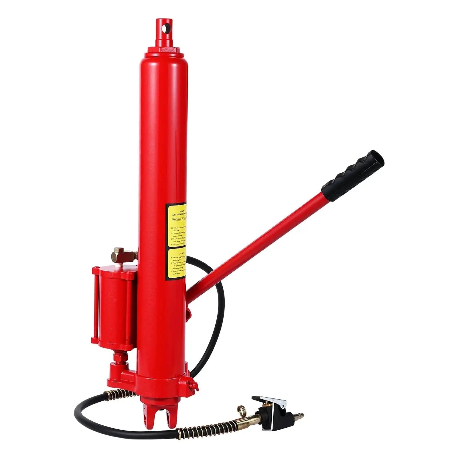 8 Ton Hydraulic Engine Hoist Cylinder With Clevis Base And Air Pump For Lifts in bright red with handle and hoses.