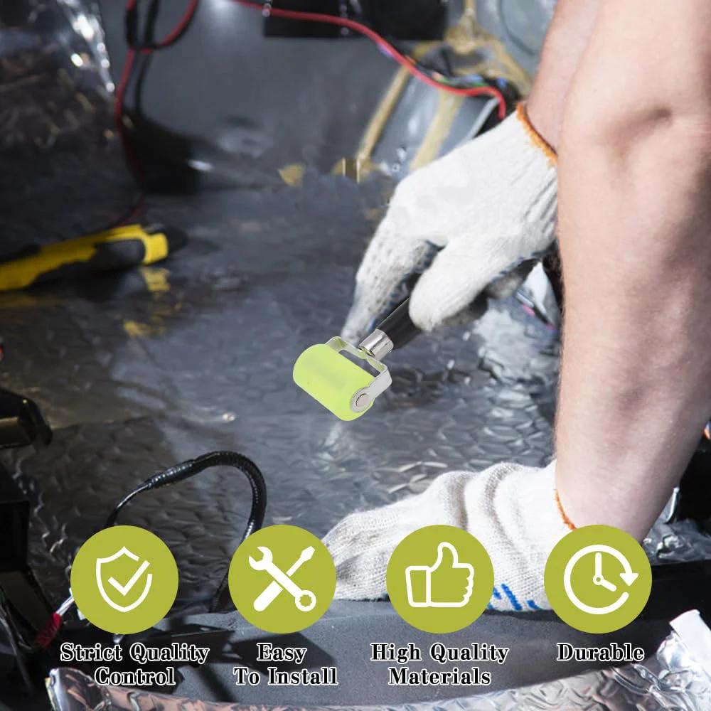 Using Pro Grade Car Sound Deadening Roller Tool For Seam Rolling And Heat Abatement Mat Installation on car floor mat