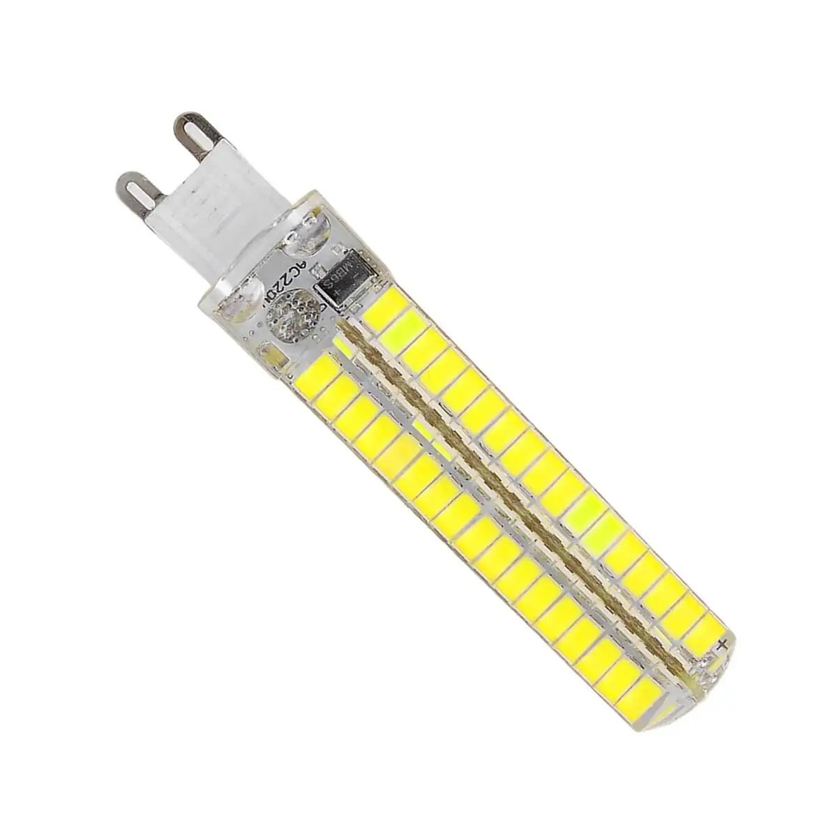 LED light bulb with transparent casing and yellow LED rows, featuring G9 bi-pin base, suitable for energy-efficient lighting applications.