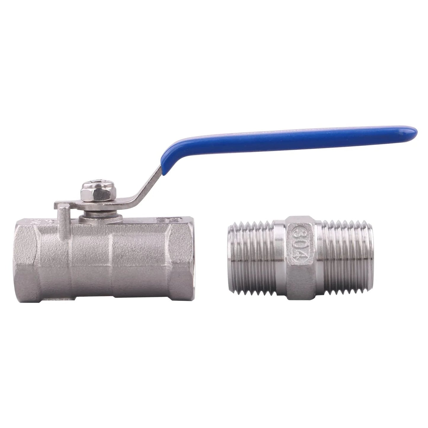 Stainless Steel 304 One Piece Ball Valve With Standard NPT Port And Male Hex Nipple For Water Oil And Gas Heavy Duty Serviceable Threaded Connector Female To Female NPT Blue Vinyl Insulated Handle