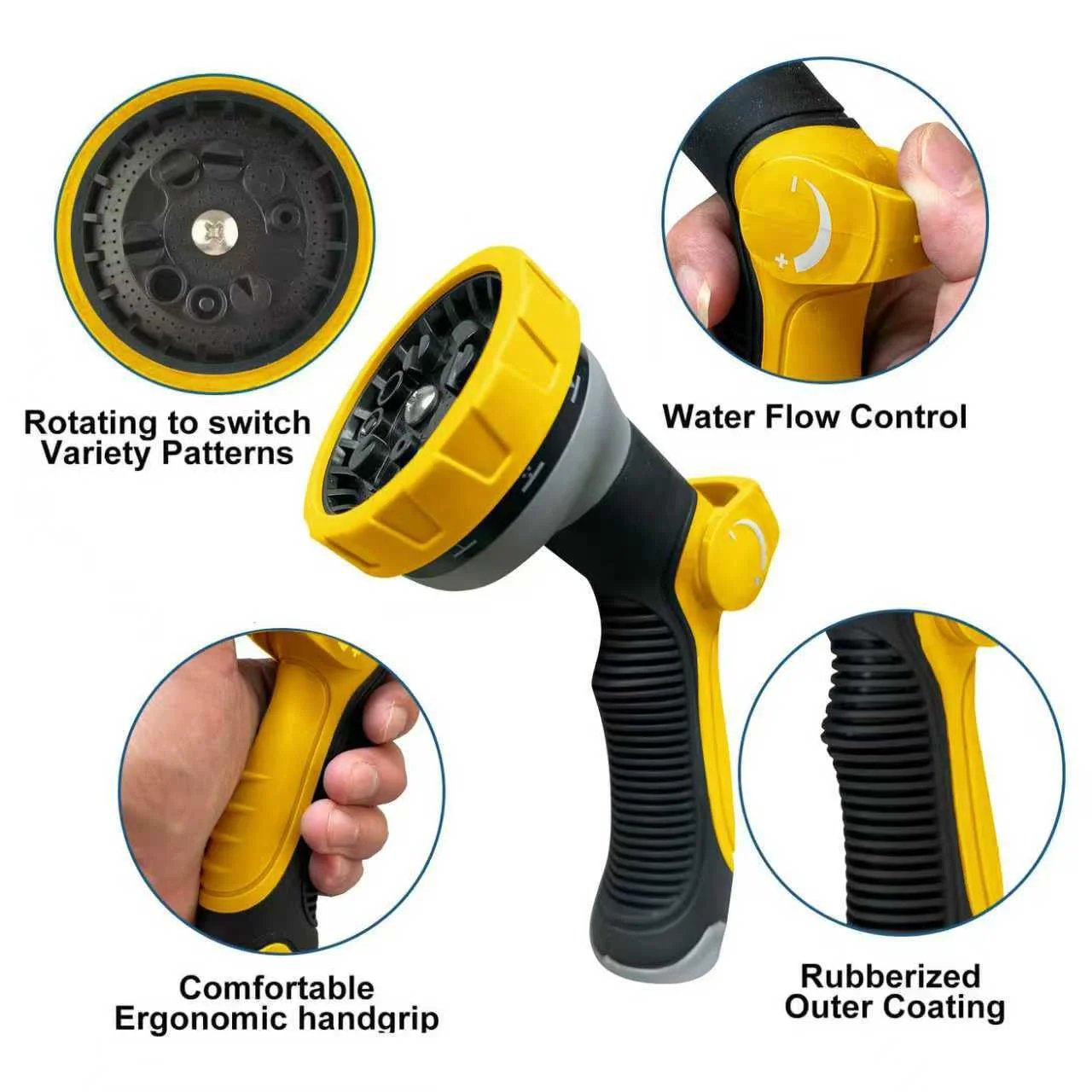Non Expanding Garden Hose With Jet Nozzle Ultra Lightweight Fabric Hybrid Kink Resistant Durable 100 Ft Yellow Hose With Heavy Duty Brass Connectors For Home Marine And RV Use By HIGH QUA featuring rotating nozzle, ergonomic handgrip, water flow control, and rubberized coating.