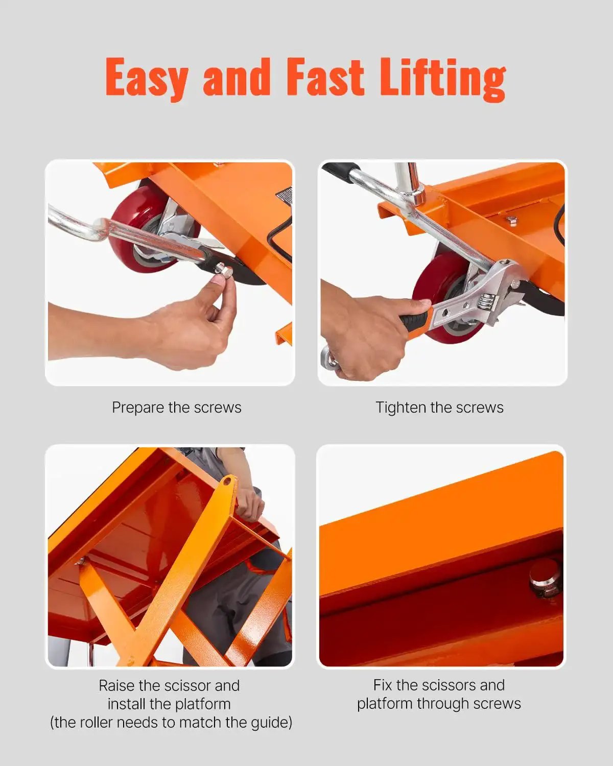 Steps to install wheels on 1100 Lbs Hydraulic Lift Table Cart With 11 To 35 Inch Lift Range Four Wheels, showing tools and fittings.
