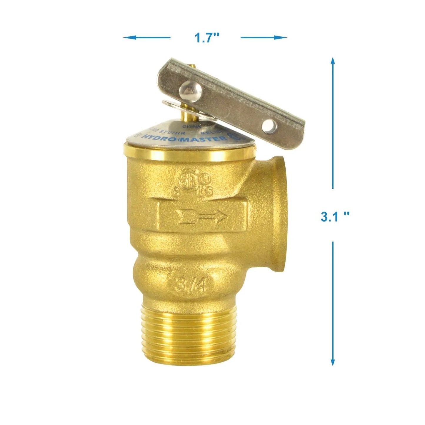 Side view of Premium Hot Water Safety Relief Valve For Home Use Three Quarters Inch NPT Thread Thirty PSI ASME Brass Body With Stainless Steel Spring