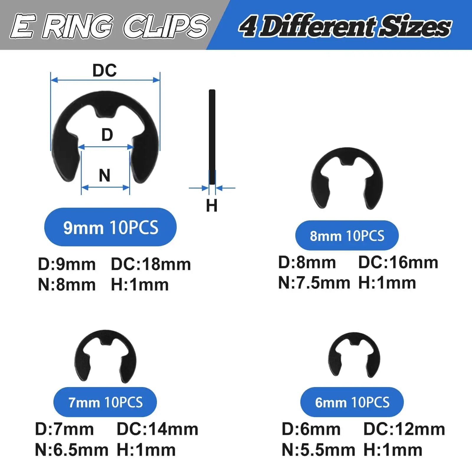 Image showing four different sizes of e-ring clips from the Pro Grade E Clip Snap Ring Kit With Removal And Installation Tool Four Size Set 6 mm 7 mm 8 mm 9 mm Includes 40 Retaining Rings For Bearing Fixation Easy Install And Removal Perfect For DIY And Shop Projects.