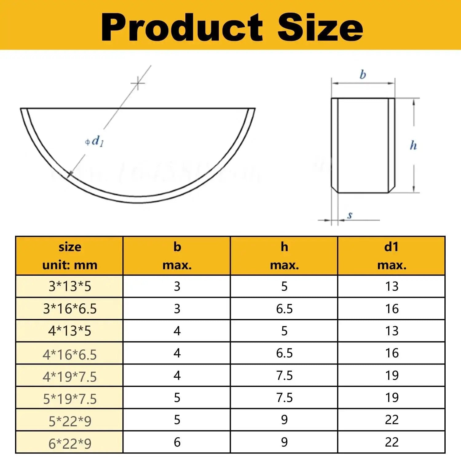 Diagram of 80 Pcs Woodruff Key Assortment Kit Metric Carbon Steel Black Half Moon Keys with size chart shown.