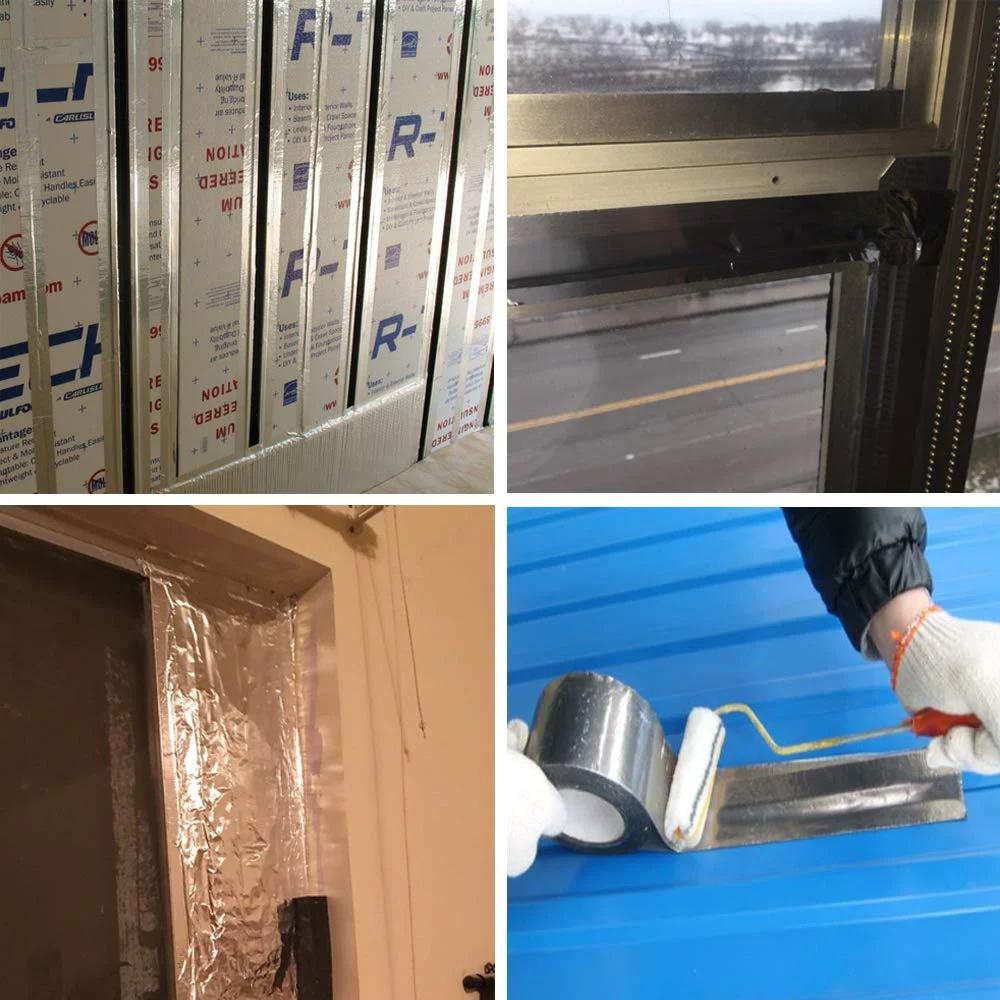 Close-up of Heavy Duty Aluminum Foil Tape For HVAC Sealing And Patching 2 Inches By 70 Yards 3.6 Mil applied on a window frame.