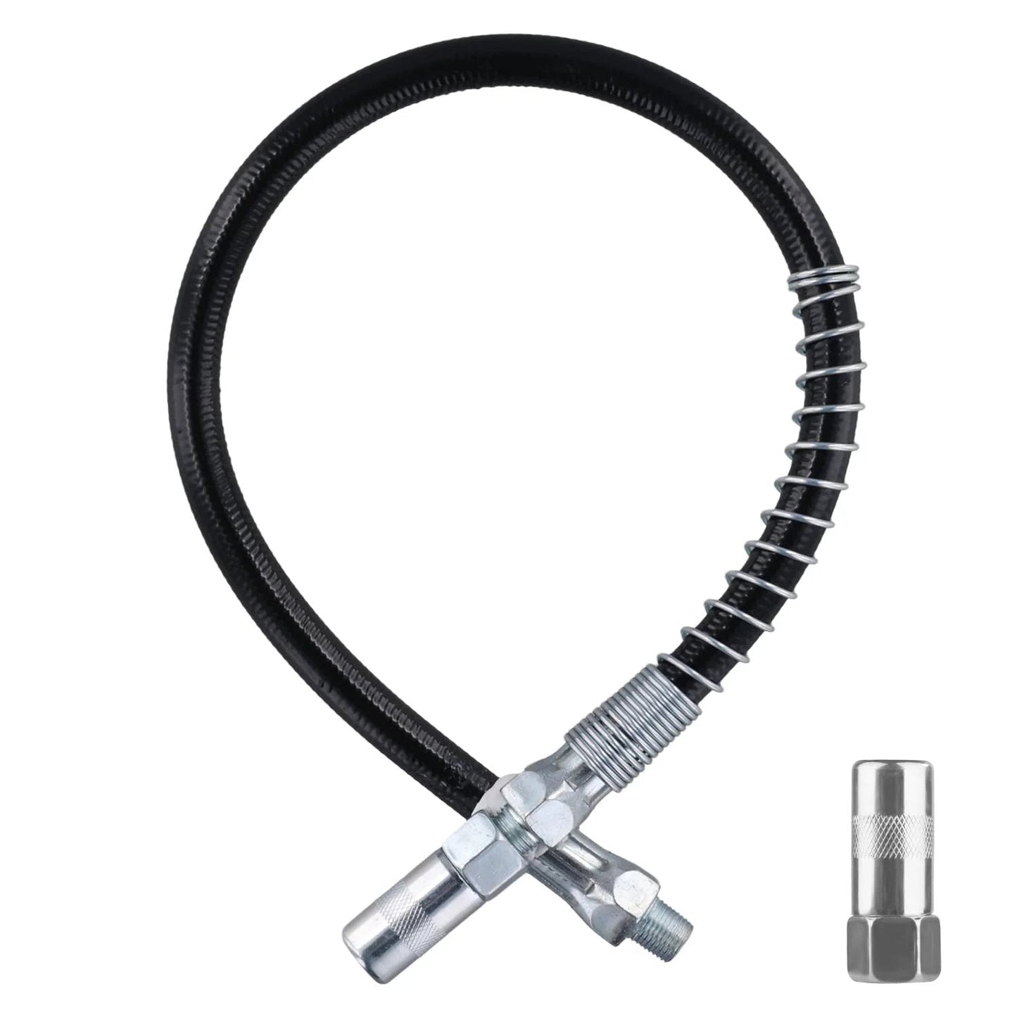 Grease Gun Accessory Kit With 18 Inch Spring Flex Hose And Locking Coupler, 8000 PSI Capacity, 1/8 NPT Threads, shown with fittings