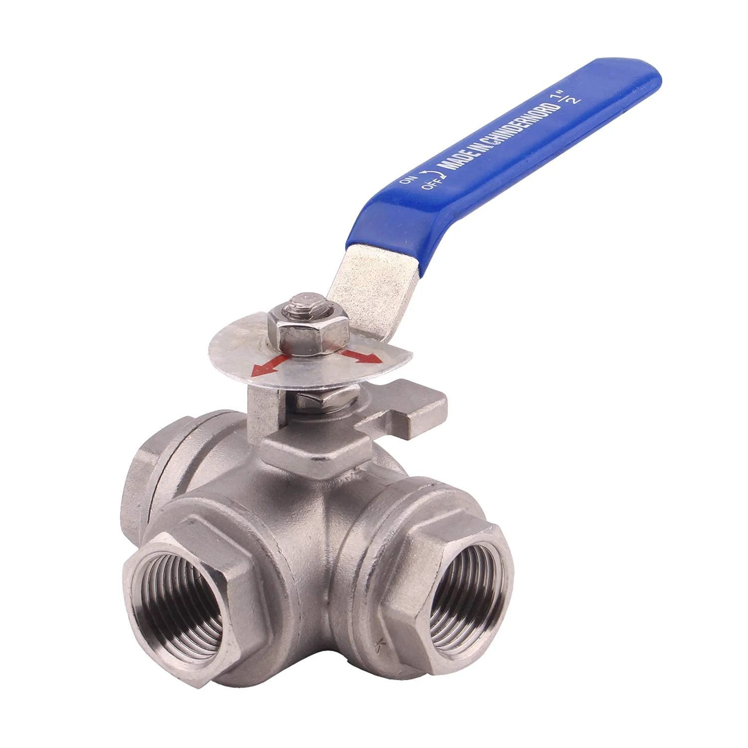 3-Way Ball Valve With L Mounting Pad 1/2 Inch NPT Stainless Steel 304 Female For Water Oil And Gas 1000 PSI Max -20F To 410F Vinyl Locking Handle Threaded Disassembly DERNORD