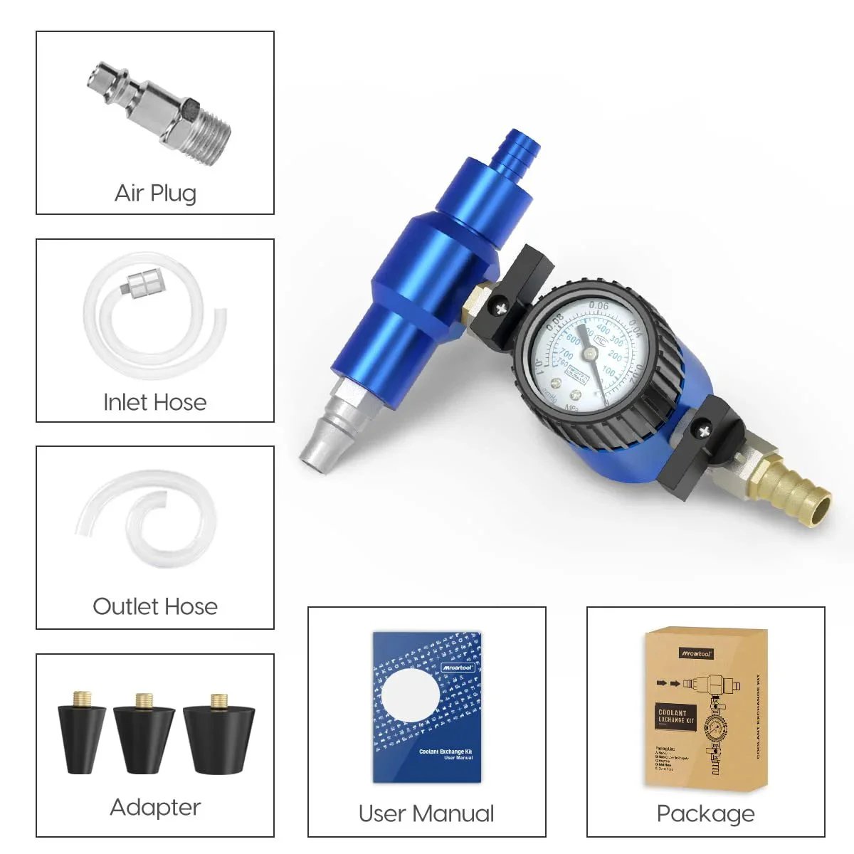 Coolant Refill Kit For Car Cooling System With Pressure Gauge Tester And 3 Size Adapters Easy Leaks Detection Quick Coolant Change MR CARTOOL Compatible Saves Time And Money On Maintenance, showing all components