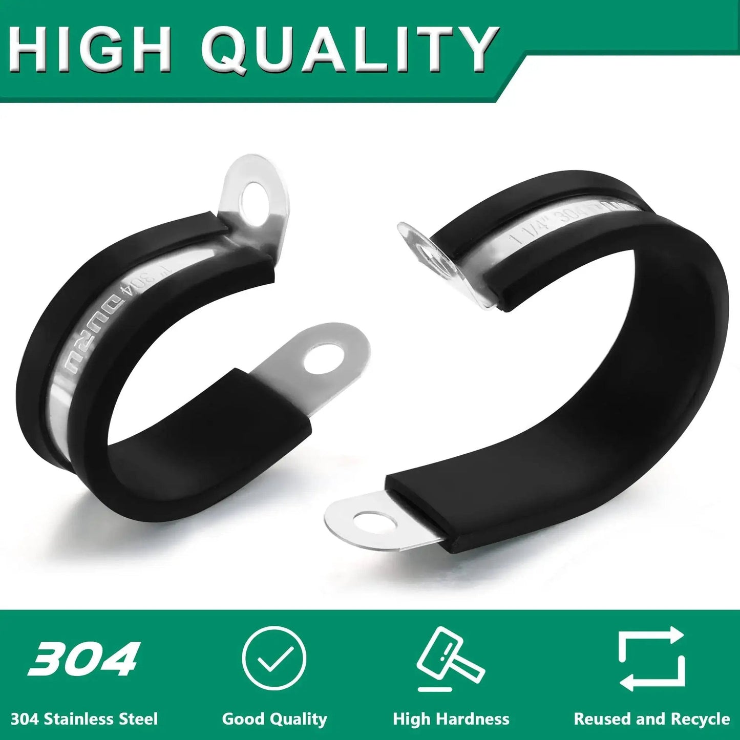 Stainless Steel 3 By 8 Inch Cable Clamps 30Pcs Rubber Coated Cushioned Insulated, close-up of two clamps with rubber cushion