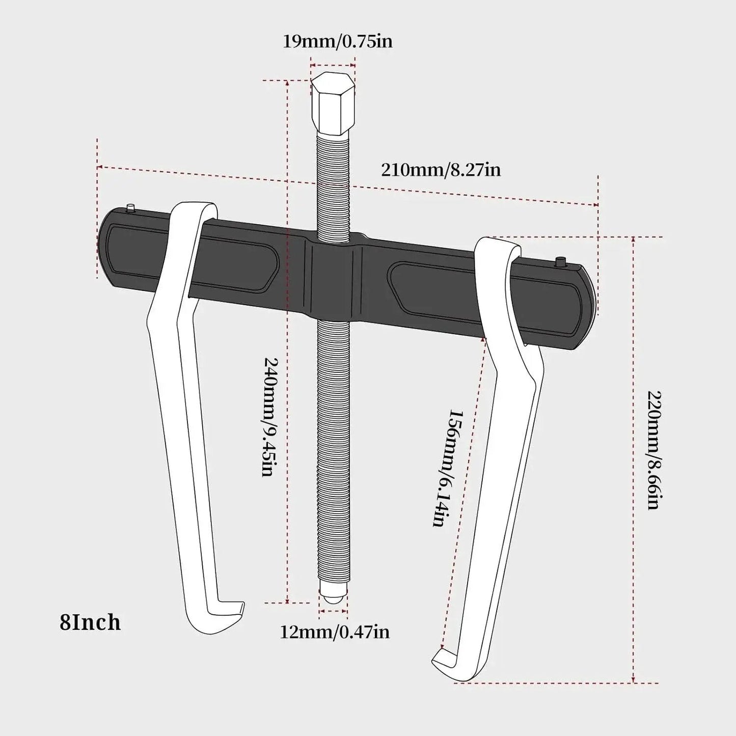 Diagram of 8-Inch 2-Jaw Gear Puller for internal and external removal, showing dimensions and heavy-duty CR-V steel construction.
