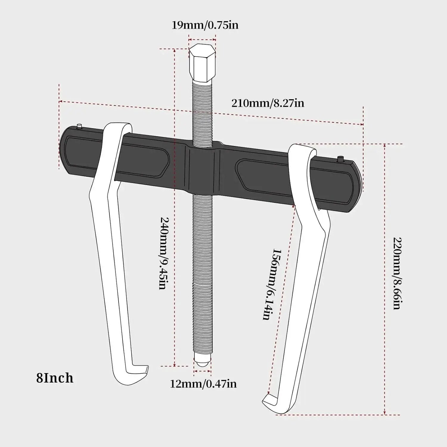 Diagram of 8-Inch 2-Jaw Gear Puller for internal and external removal, showing dimensions and heavy-duty CR-V steel construction.
