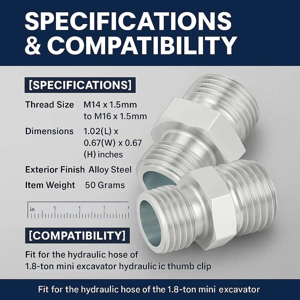 M14 To M14 Hose Fittings Adapters For Mini Excavator Hydraulic Thumb Clip Attachments Durable Carbon Steel Quick Connect Pipe Thread Connectors For Hydraulic Lines Air Fuel Water Digger Two Pack with specifications and compatibility details.