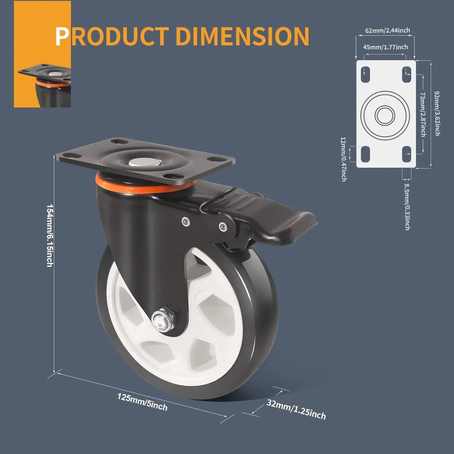 5 Inch Caster Wheels With Brake Set Of 4 Heavy Duty 2000 Lbs Industrial Swivel Casters Polyurethane Quiet Wheels For Cart And Workbench Dual Locking Safety Brakes Two Hardware Kits Included
