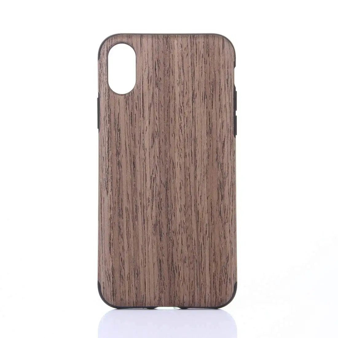 Wood grain phone case, back view, compatible with modern smartphones, showcasing natural texture on durable protective cover.