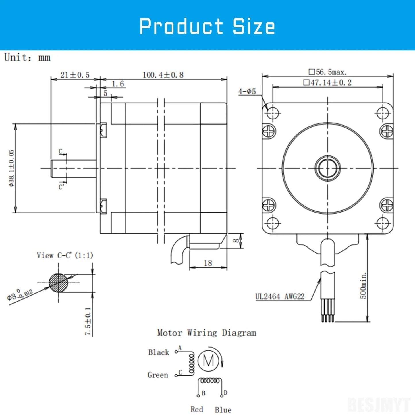 Technical diagram of Nema 23 Stepper Motor 2000 Steps Per Revolution With Beefy 3000 mNm Torque, dimensions and wiring shown.