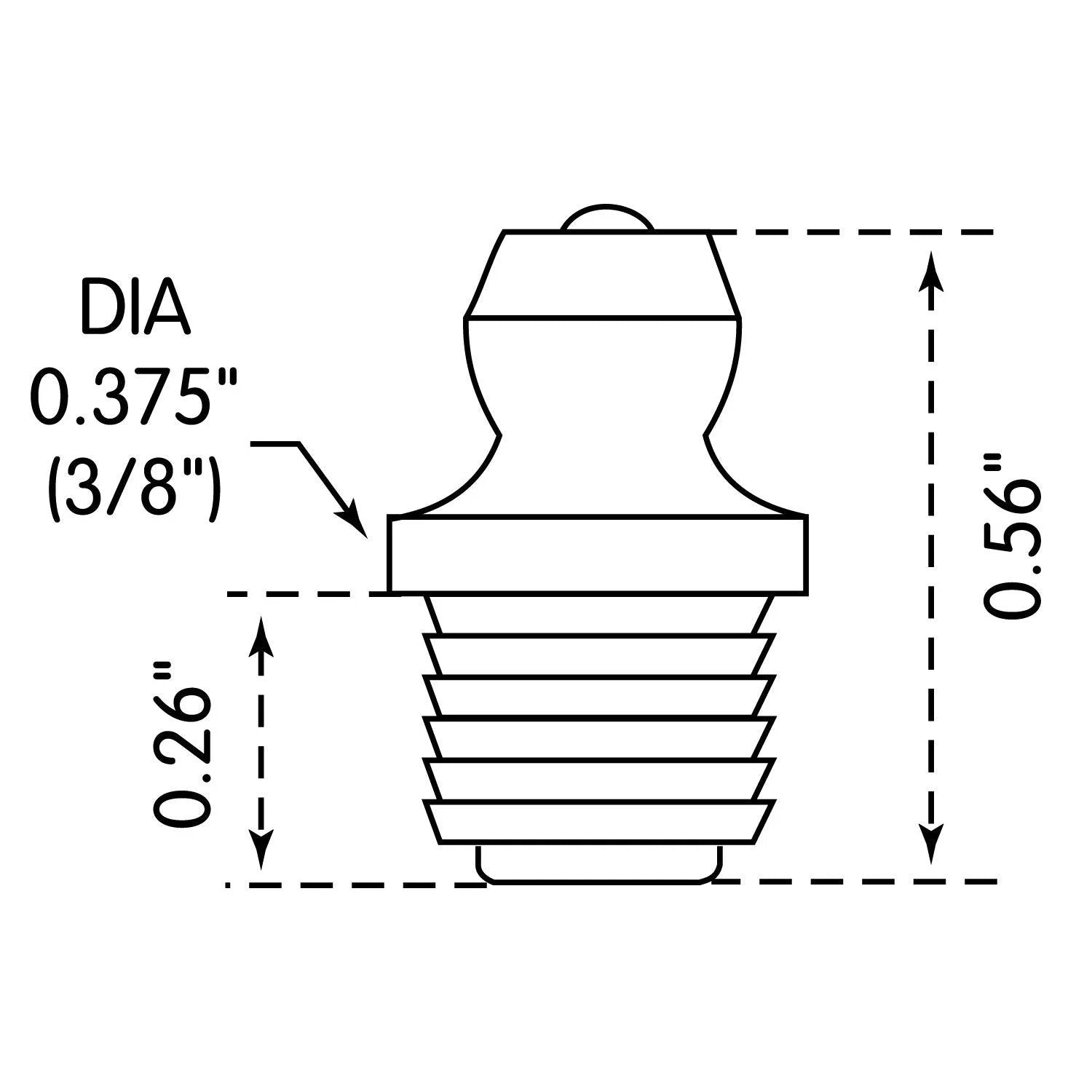 Gold And Silver Drive Type Straight Grease Fittings 0.56 Inch Long For 5 Sixteenth Inch Hole 10 Count Pack With Built In Ball Check And Contamination Protection For Heavy Duty Use, detailed diagram with dimensions.
