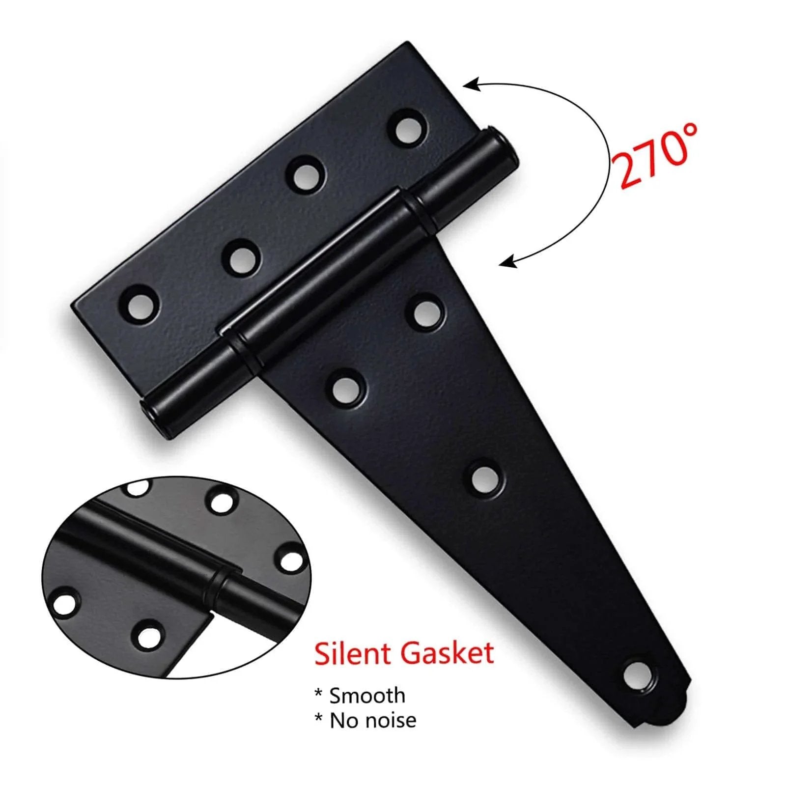 Black T-strap hinge from Heavy Duty Gate Hardware Kit with 270-degree rotation, featuring silent gasket