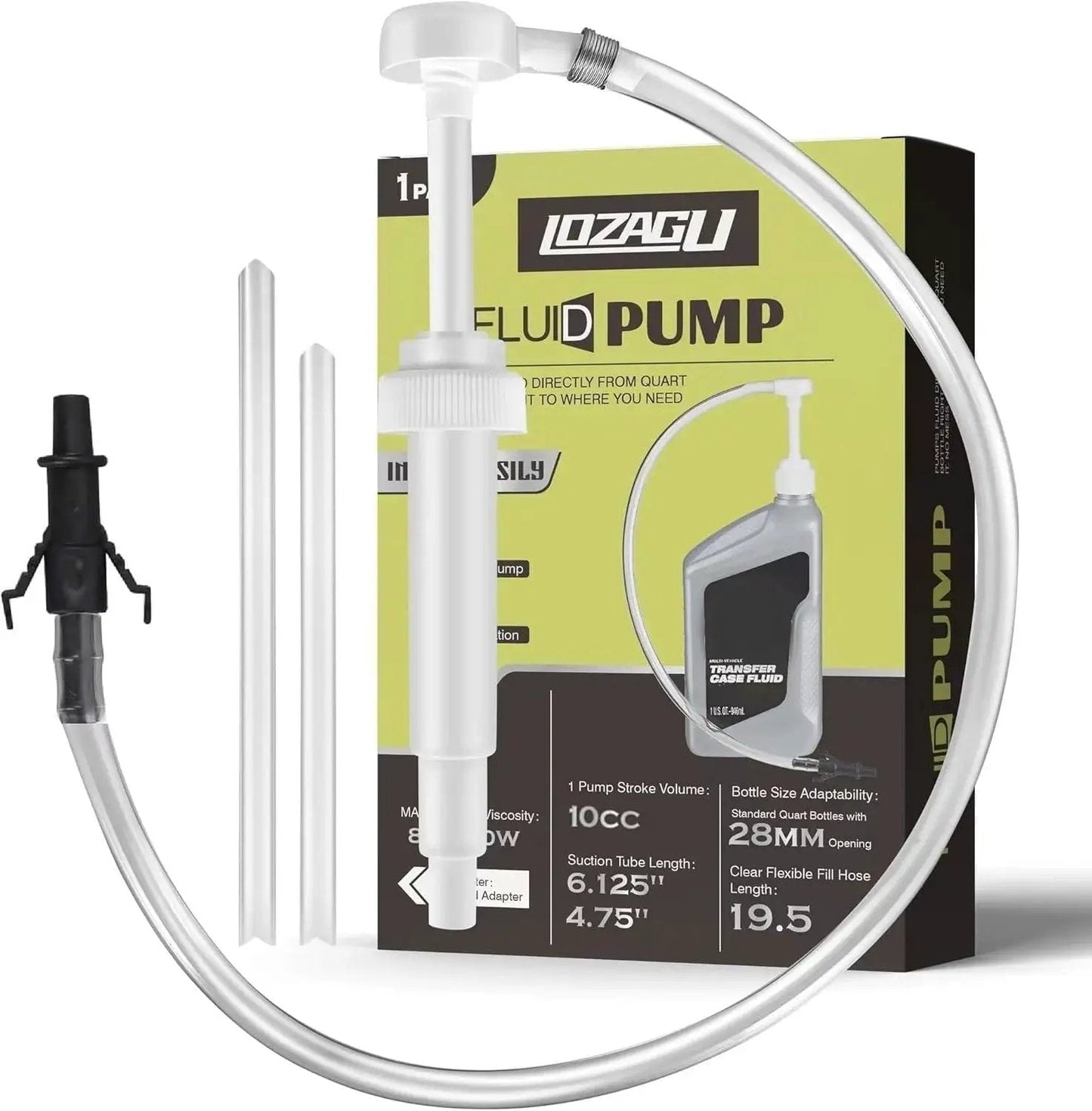 Quart Fluid Pump With 10cc Stroke And Third Hand Adapter For Transmission Fluids, single unit, displayed with packaging