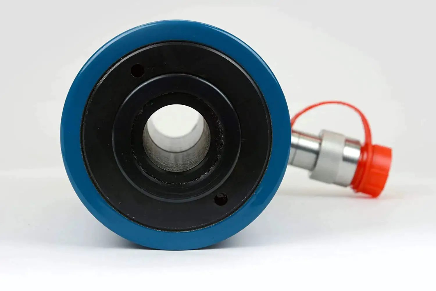 Hollow Hydraulic Cylinder Ram 30 Ton, 4 Inch Stroke, 10000 PSI, Quick Coupler with visible blue casing and interior view
