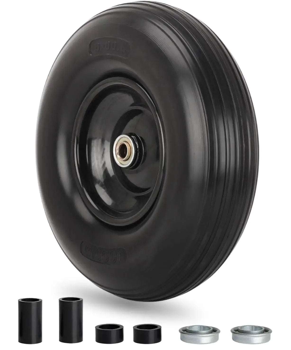 13.5 Inch Solid Flat Free Wheelbarrow Tire 4.00-6 with hub and axle accessories for wheelbarrows, wagons, and garden carts.