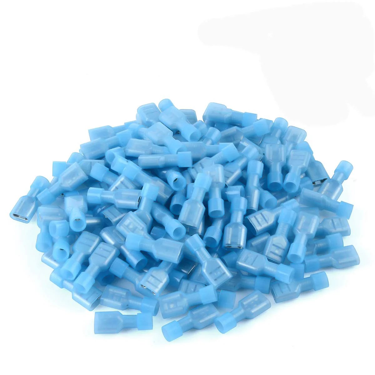 Pile of blue nylon insulated female spade connectors 16 to 14 AWG quick disconnect terminal crimp connectors for wiring, 100 pieces.