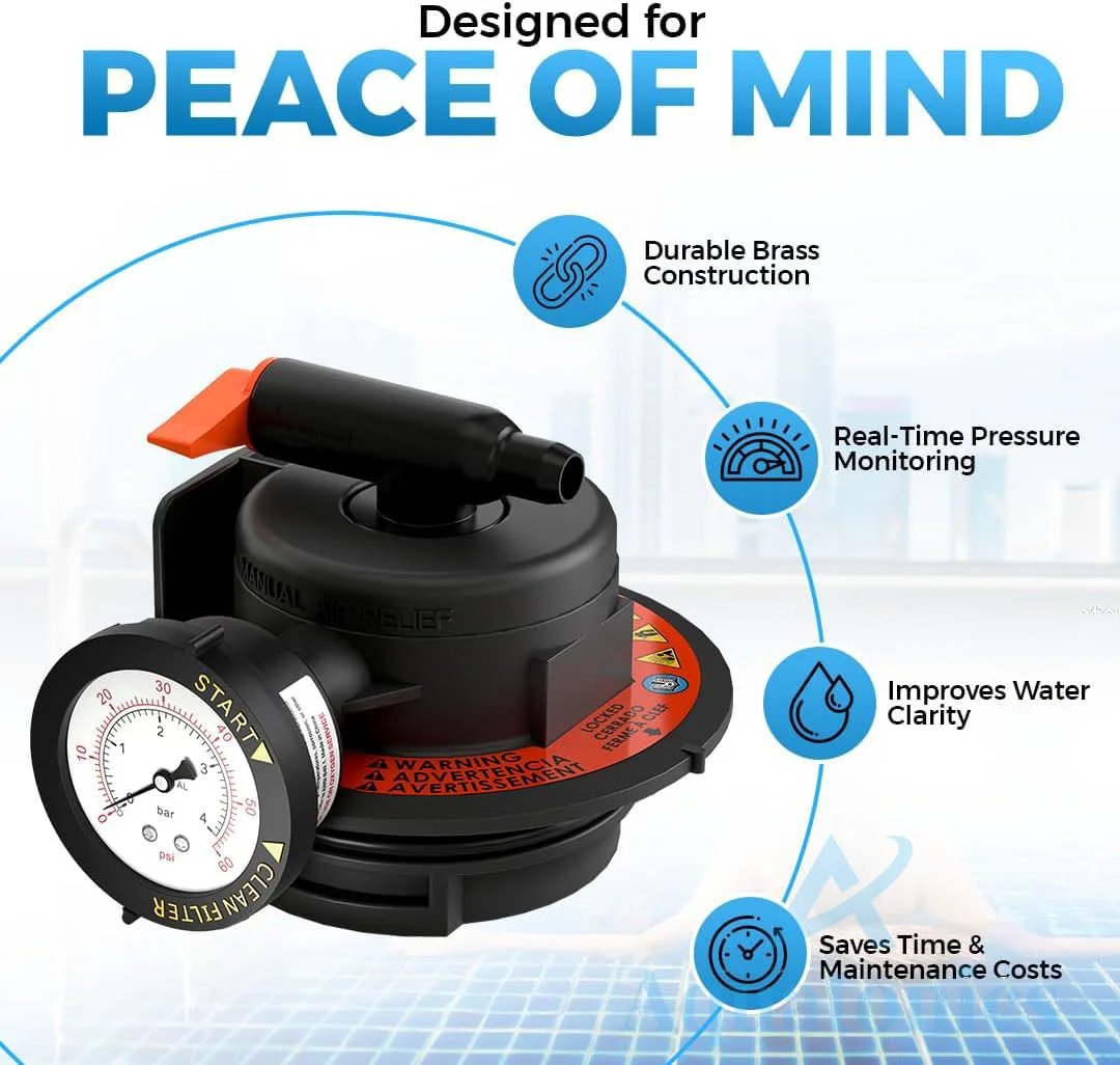 Replacement Manual Air Relief Valve Assembly With Pressure Gauge And O Rings For Hayward Pro Grid DE Filters And SwimClear Cartridge Filters Compatible With DEP 500 Series Durable Pool Filter Aquatonics shown with pressure gauge.