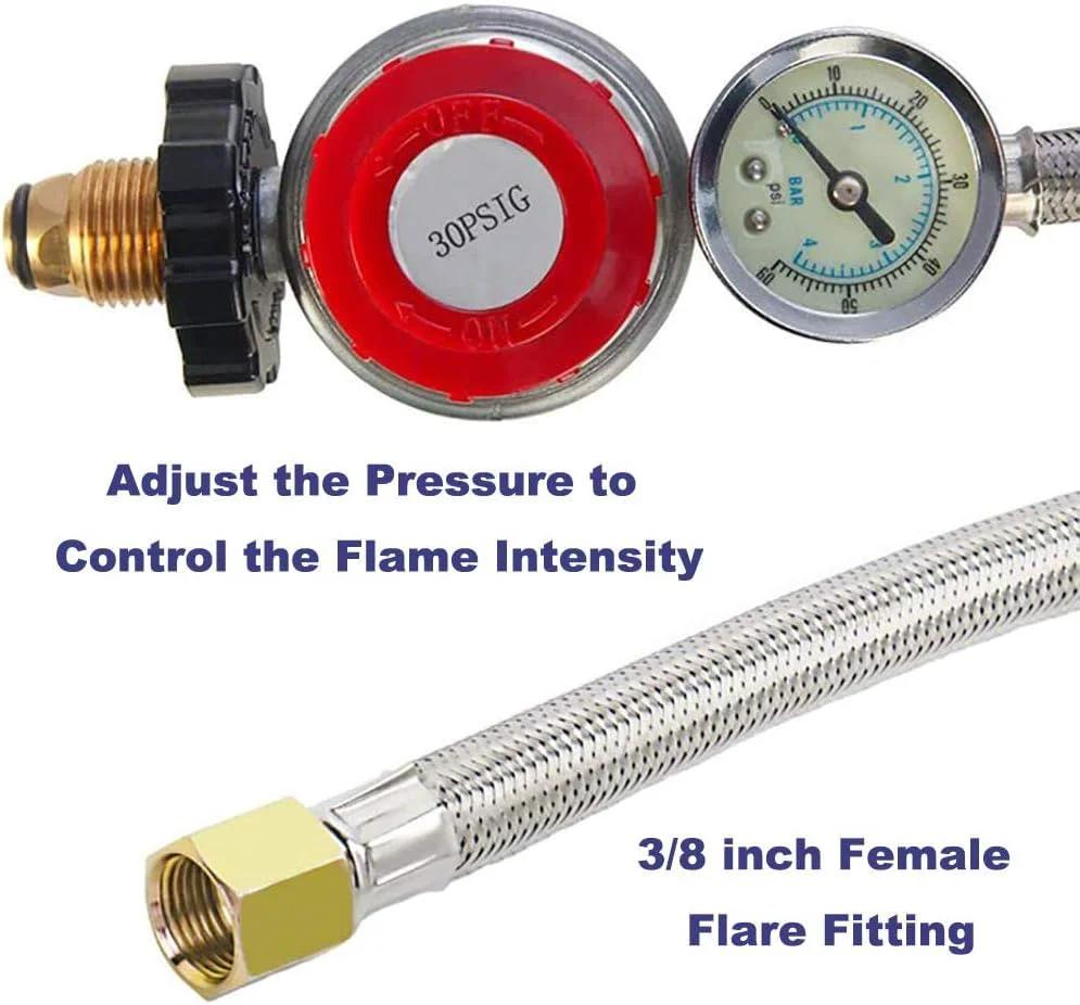 High Pressure Propane Regulator with Gauge and 12 Ft Stainless Steel Braided Hose Adjustable 0 to 30 PSI POL Connector