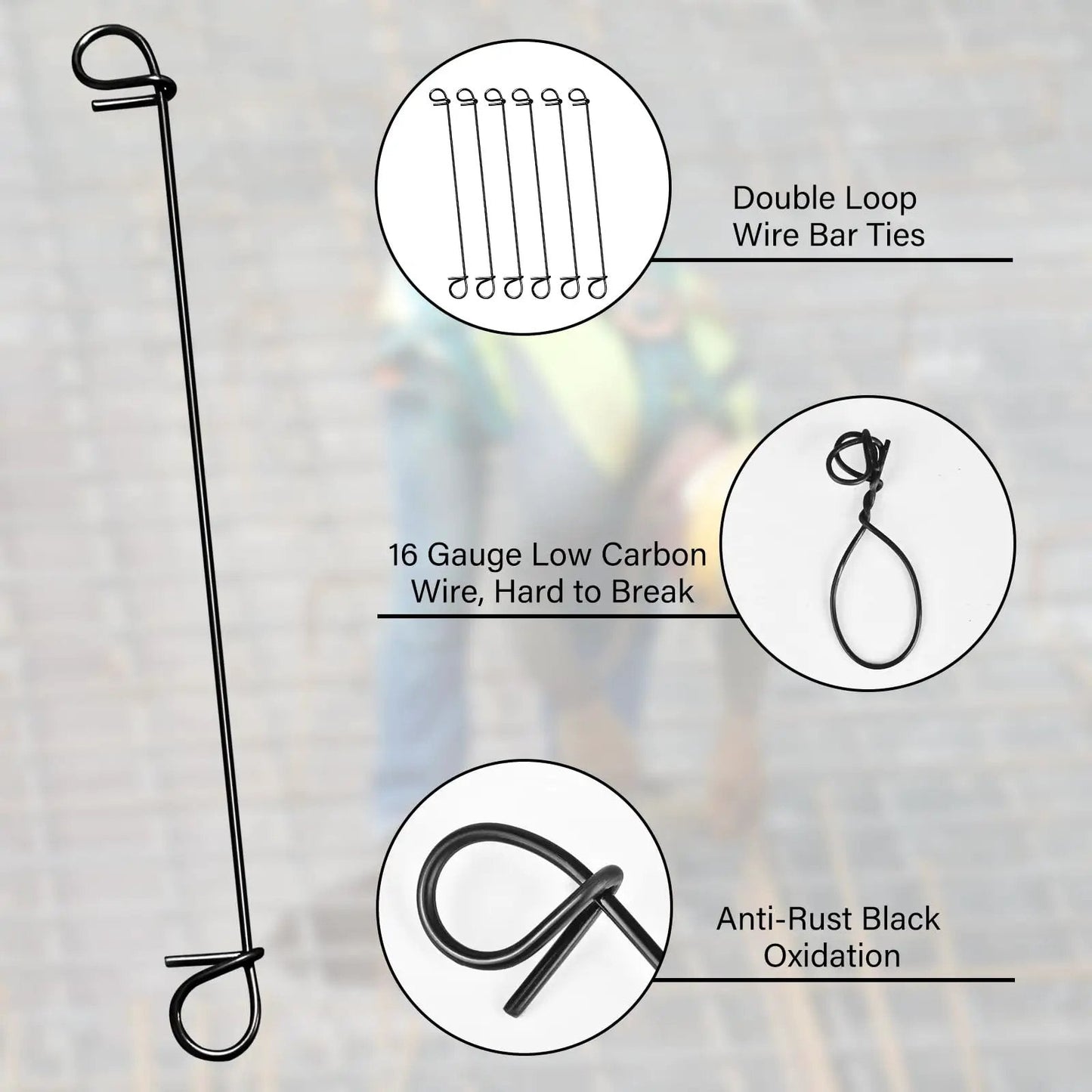 1000Pcs Rebar Tie Wire Set With 2 Tie Wire Twisters And Gloves, 6 Inch Double Loop 16 Gauge Steel Bar Ties For Concrete Construction And Reinforcement, Heavy Duty DIY Ready With Wooden Grip Handle close-up of double loop wire bar ties and details on wire material