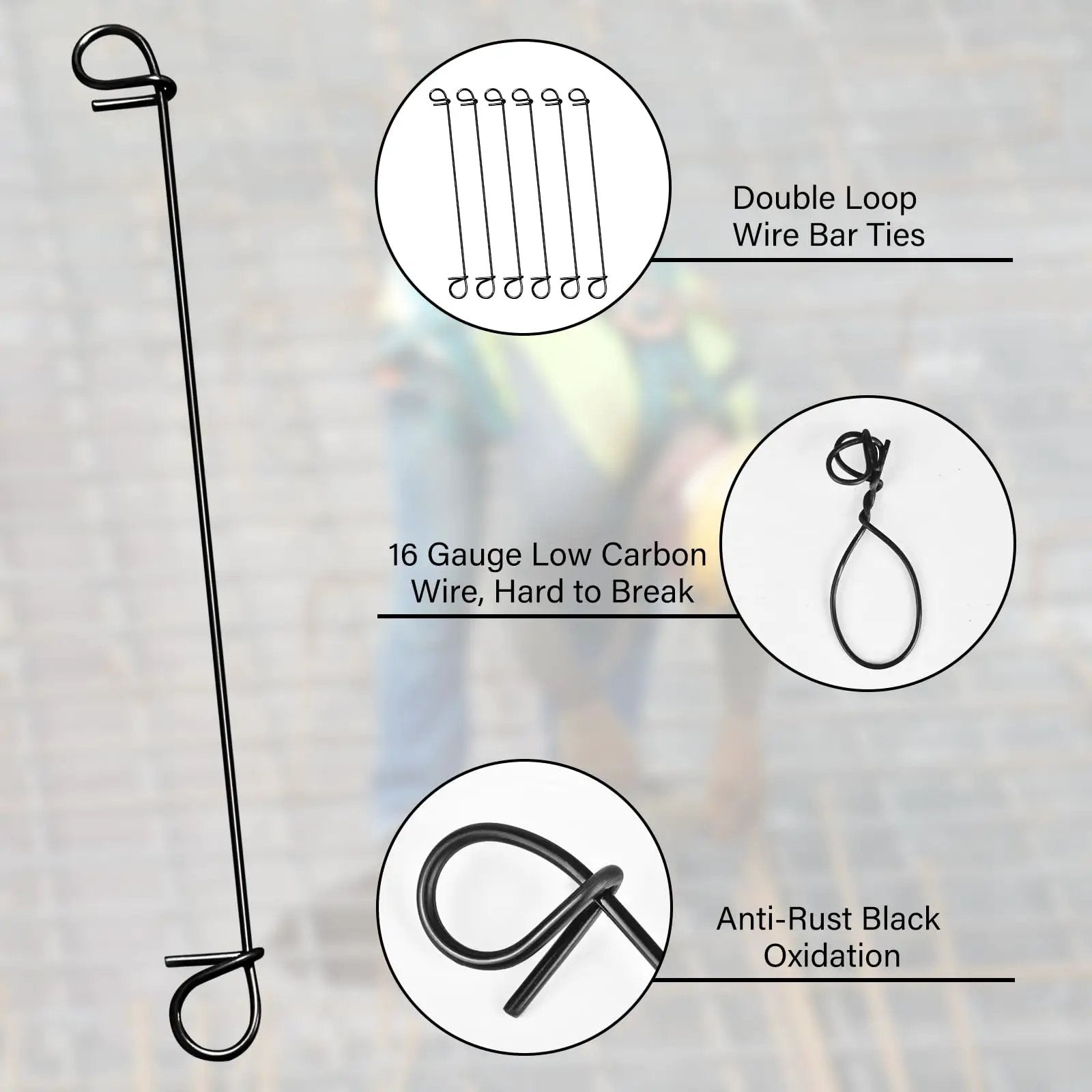 1000Pcs Rebar Tie Wire Set With 2 Tie Wire Twisters And Gloves, 6 Inch Double Loop 16 Gauge Steel Bar Ties For Concrete Construction And Reinforcement, Heavy Duty DIY Ready With Wooden Grip Handle close-up of double loop wire bar ties and details on wire material