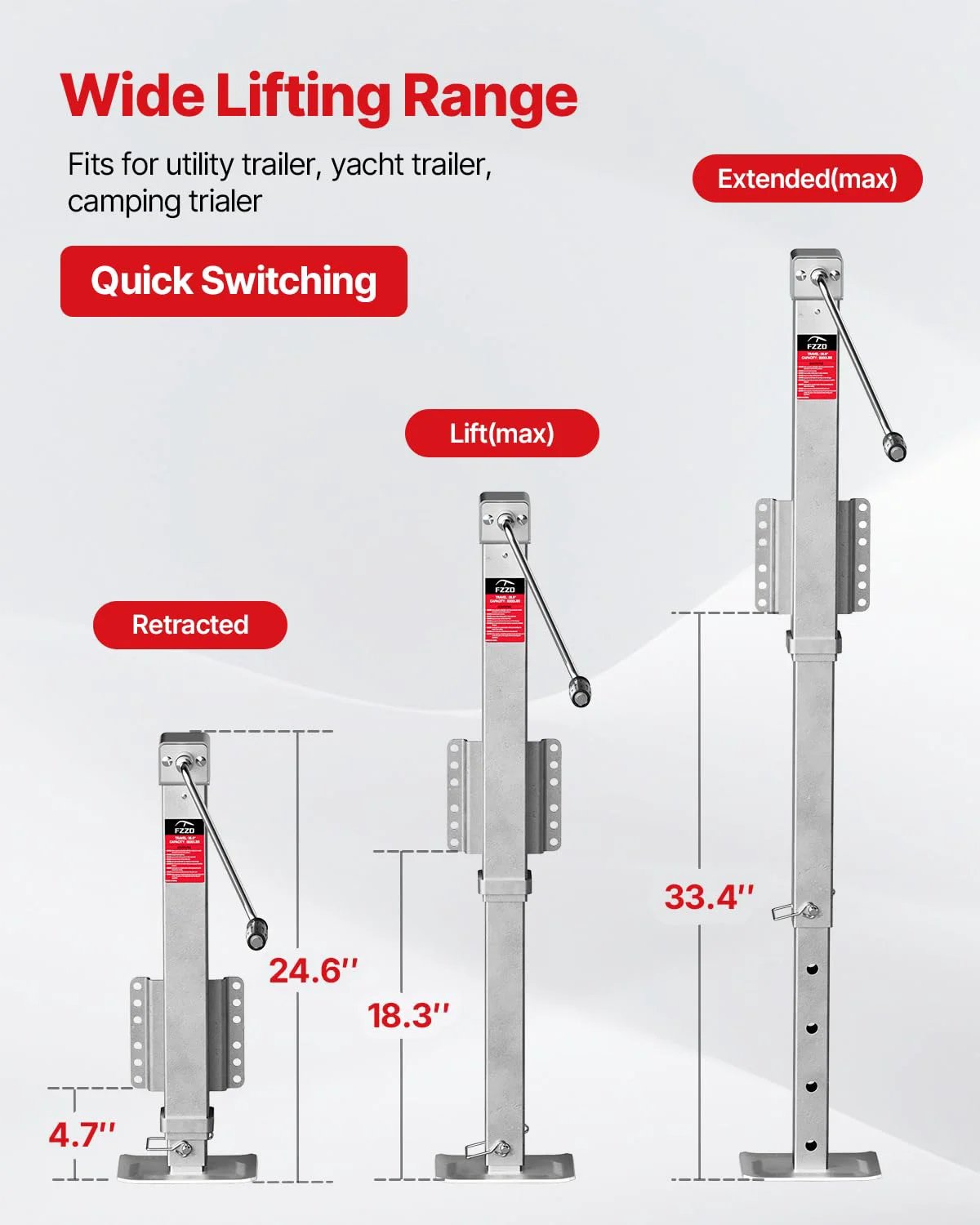 8000 lbs Heavy Duty Trailer Jack, 20-24V Cordless Drill Compatible, 28.6" Lift shown in retracted and extended positions