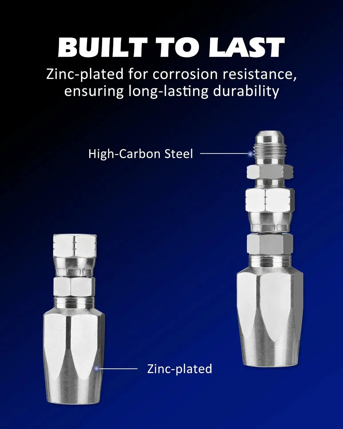 High-carbon steel and zinc-plated fittings from 3 By 8 Inch Hydraulic Hose Repair Kit, Reusable 2 Wire Fitting, R2 R16 R17 R19.