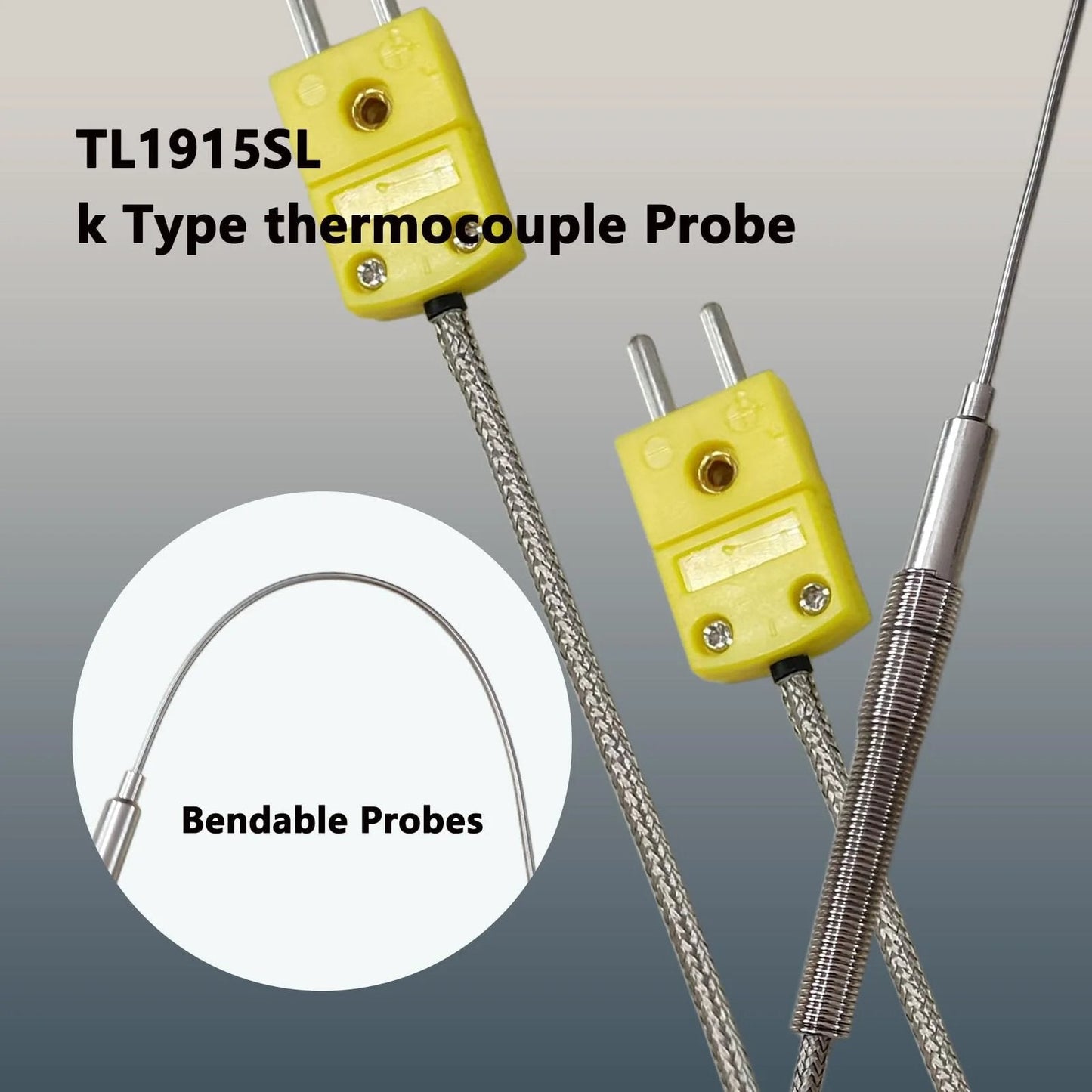 2-Pack TL1915SL K Type Thermocouple Probe, 6 Inch Sensing Tip, 0.06 Inch Diameter, 40 Inch Flexible Lead, Wide -40F To 1230F Temperature Range, Durable Industrial HVAC Automotive Furnace Replacement Sensor displayed with yellow connectors and bendable probes.
