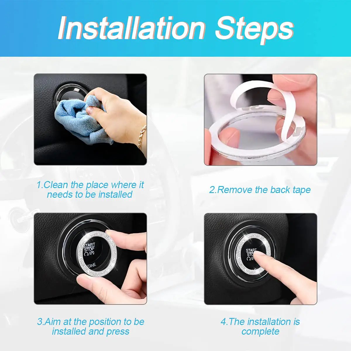 Installation steps for Car Bling Crystal Rhinestone Engine Start Ring Decals 2 Pack, showing cleaning and applying process.