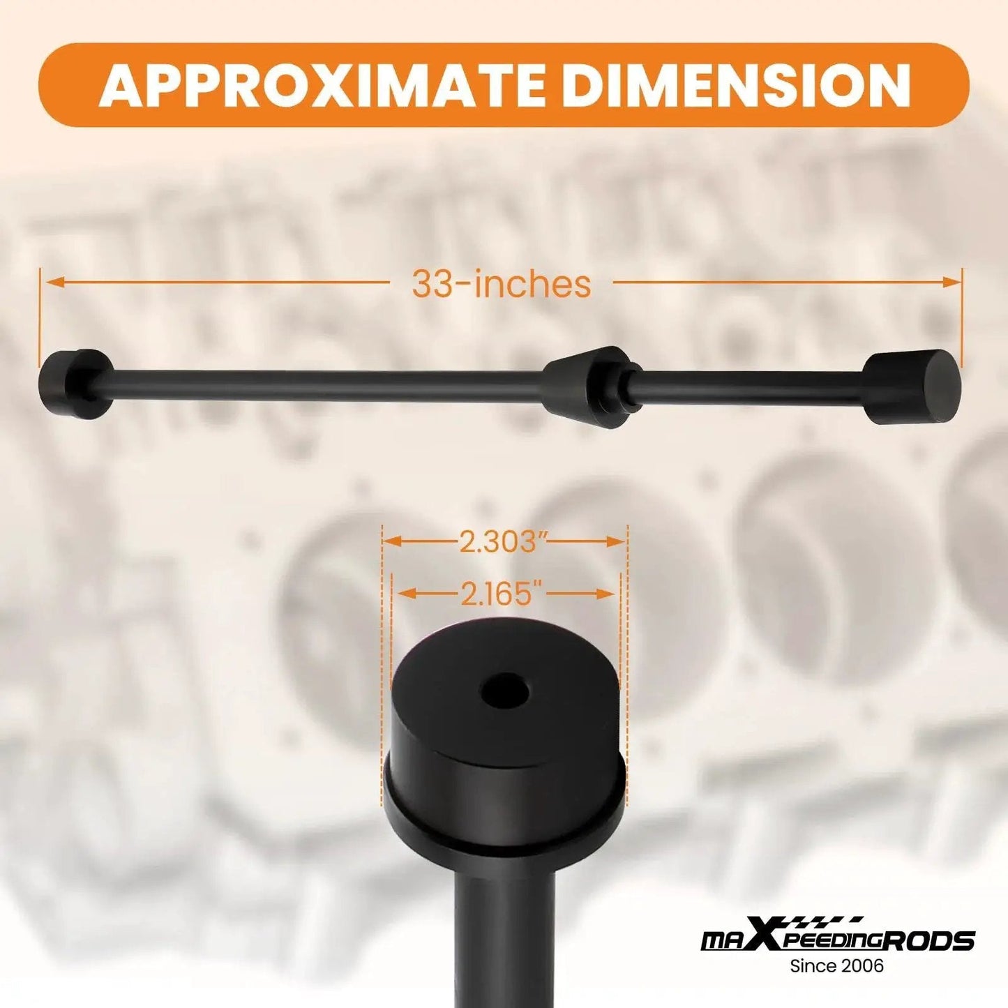 LS Cam Bearing Installation And Removal Tool For Chevy LS Engines LS1 LS2 LS3 LS6 LQ9 Made From 45 Steel, 33-inch length, dimensions shown