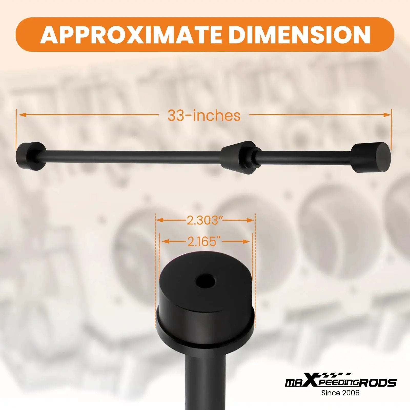 LS Cam Bearing Installation And Removal Tool For Chevy LS Engines LS1 LS2 LS3 LS6 LQ9 Made From 45 Steel, 33-inch length, dimensions shown