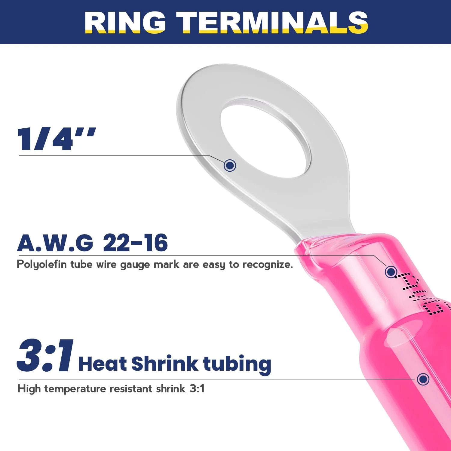 Close-up of Red Heat Shrink Ring Terminals One Quarter Inch Wire Connectors For AWG 22 To 16 Marine Grade Copper Tinned.