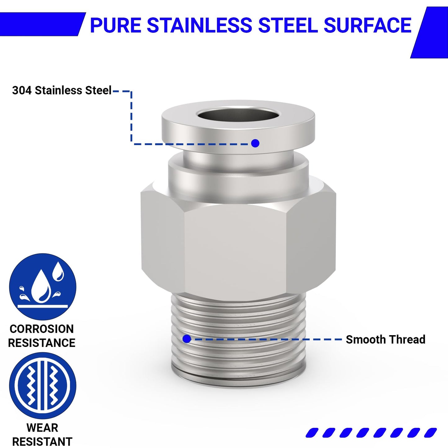 Premium 304 Stainless Steel Push To Connect Fittings For One Quarter Inch OD Tubing And One Quarter Inch NPT Thread Straight Male Quick Connect Pneumatic Air Line Hose Fittings Accessories 6 Pack By EterMutable.