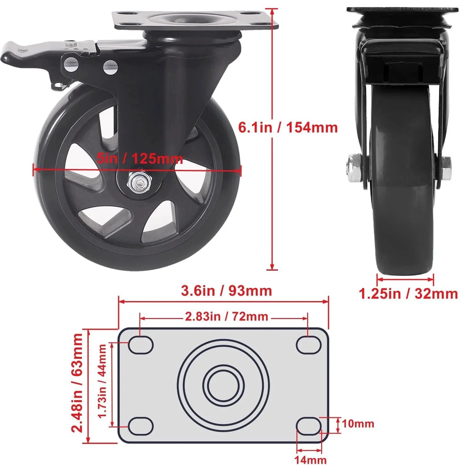 Dimensions and side view of 5 Inch Swivel Caster Wheels Set Of 4 Heavy Duty Casters With Brakes Polyurethane for carts and trolleys.