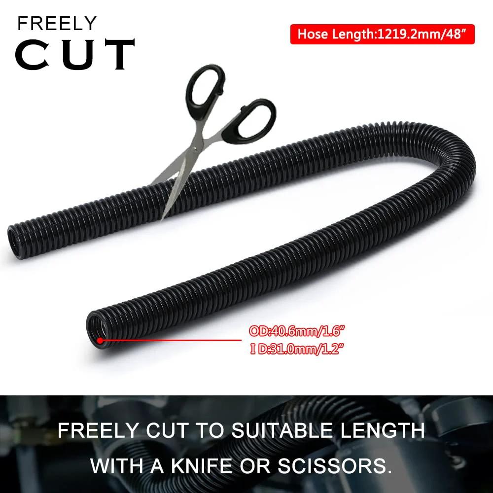 Universal 48 Inch Stainless Steel Radiator Hose Kit With Flexible Coolant Water Hose And Four Clamps Black For Easy DIY Install And Pro Grade Fit To Keep Your Cooling System Flexible And Ready, shown with scissors suggesting easy cutting.